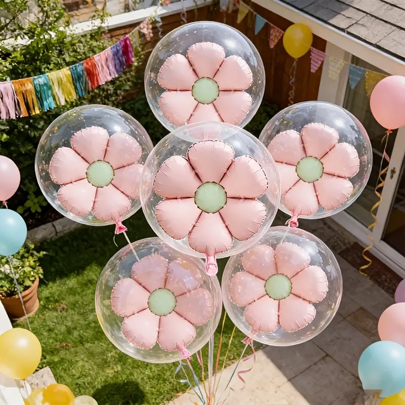 10-piece set, 18inch Pink Daisy Valentine's Day Foil Balloon Set, transparent PVC balloons paired with pink daisy balloons, suitable for Valentine's Day decorations, birthday party decorations, anniversary events, wedding decoration balloons
