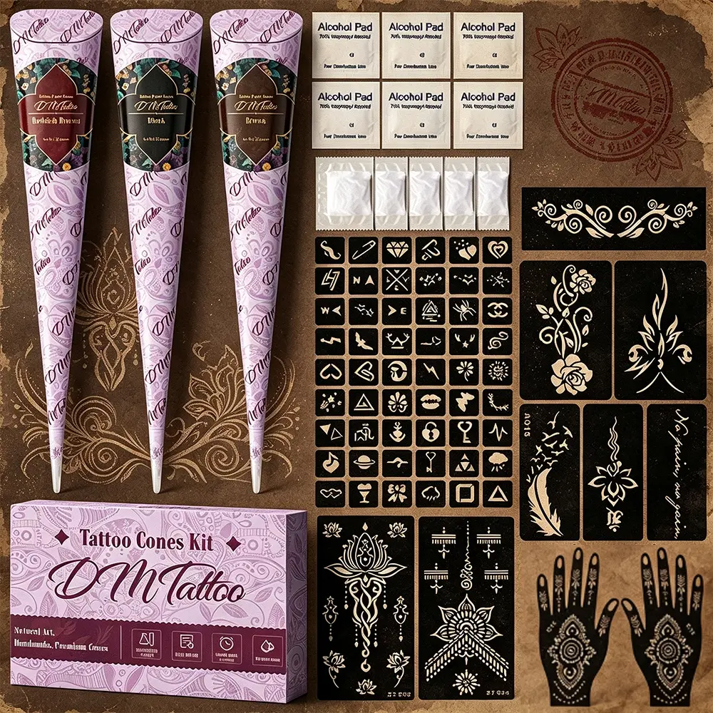 Multi-spec Full Henna Tattoo Kit, 3/6 Pcs Purple Tube Henna Paste With Geometric Floral Palm Stencils, Natural Herbal Sweat & Water Resistant Formula, Temporary Body Tattoo DIY Tattoos, Arm Temporary Tattoos For Festival Wedding