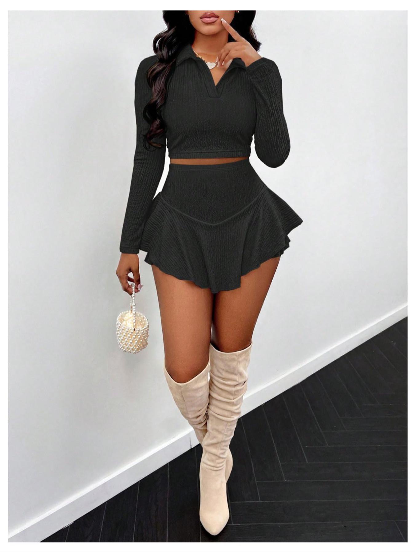 Women's Solid Crop Top & High Waist Skirt Two-piece Set, Casual Chic Fashion Cozy Two Piece Outfits for Daily Outdoor Wear, Ladies Clothes for All Seasons