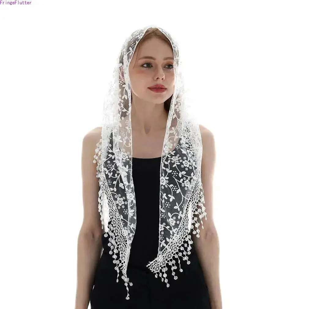 Elegant Triangle Lace Mantilla Veil, Soft Fine Tulle Delicate Texture Head Covering, Classic Veil for Church Mass Prayer, Wedding & Bridesmaid Ceremony Accessory