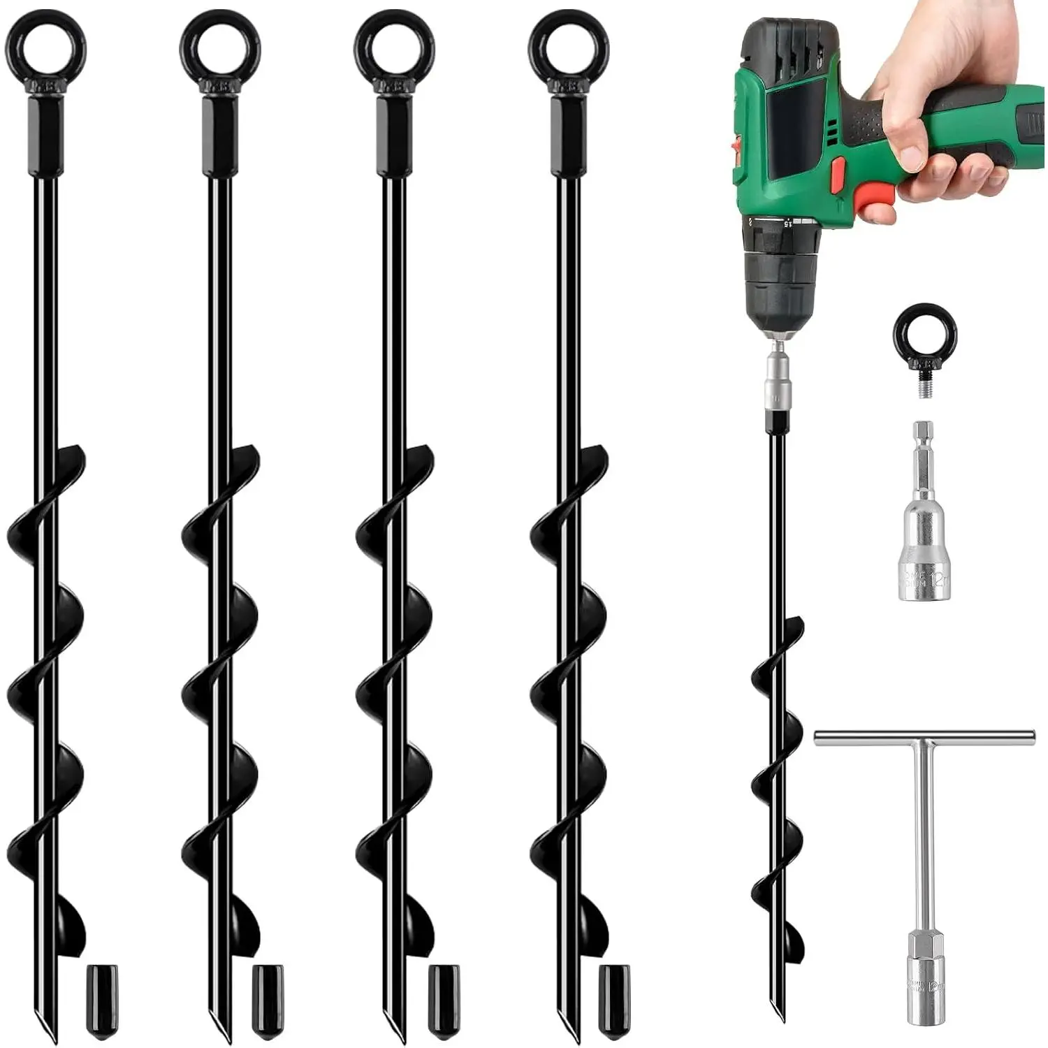 Rust-Resistant Ground Screw Stakes Kit, 18-In 4-Pack Spiral Earth Duty Stakes for Sheds & Tents, High Wind Protection for Swing Sets, Trampolines, Tree Dogs, Carports, Camping, Mobile Homes, Greenhouses