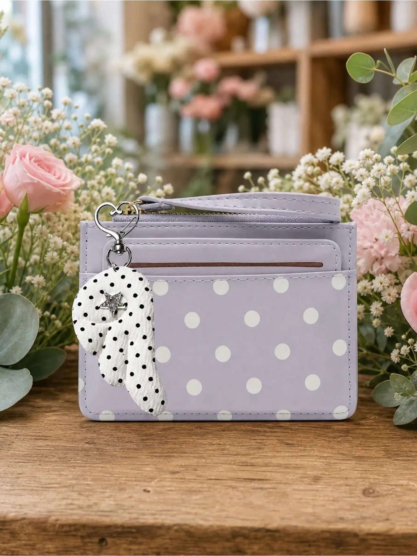Cute Polka Dot Card Holder Coin Purse With Polka Dot Wing Charm, Exquisite Cardholder, Multi-Slot Mini Short Wallet, Portable Zipper Card Case, Small Bank Card Organizer, Women's Short Leather Wallet, Multi-Function Pocket Coin Pouch