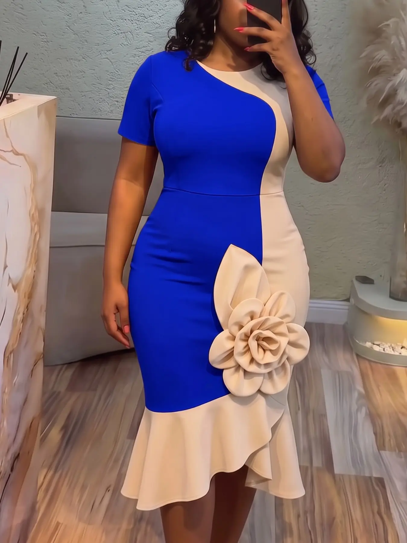 Plus Size Elegant Slim Fit Church Dress, Color Block Short Sleeve, 3D Flower Decoration, Fish Tail Ruffle, Round Neck, Midi Length, Party Wear, Cocktail Party Dress