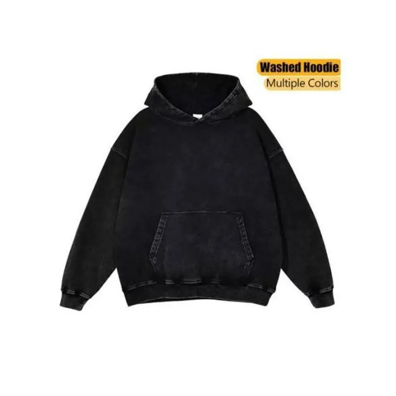 Men's Casual Polyester Relaxed Fit Distressed Look Rib Hoodie - Unisex Long-Sleeve Pullover Tops, Preppy Vintage Streetwear Black Sweatshirt, Machine Washable, No Closure, Basic, Solid, Hooded, Pocket, Cotton