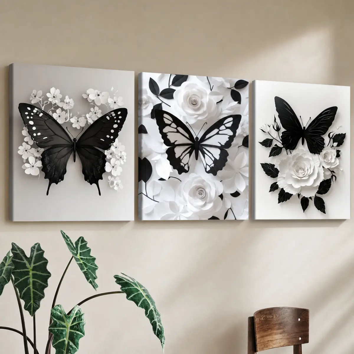 Butterfly & Flower Pattern Wall Art, Butterfly Floral Print, 3-Piece Set Wood-Framed Canvas Painting, Modern Wall Poster for Home, Living Room, Bedroom & Office Decor,Wall Art Painting Dopamine Decor Ornaments