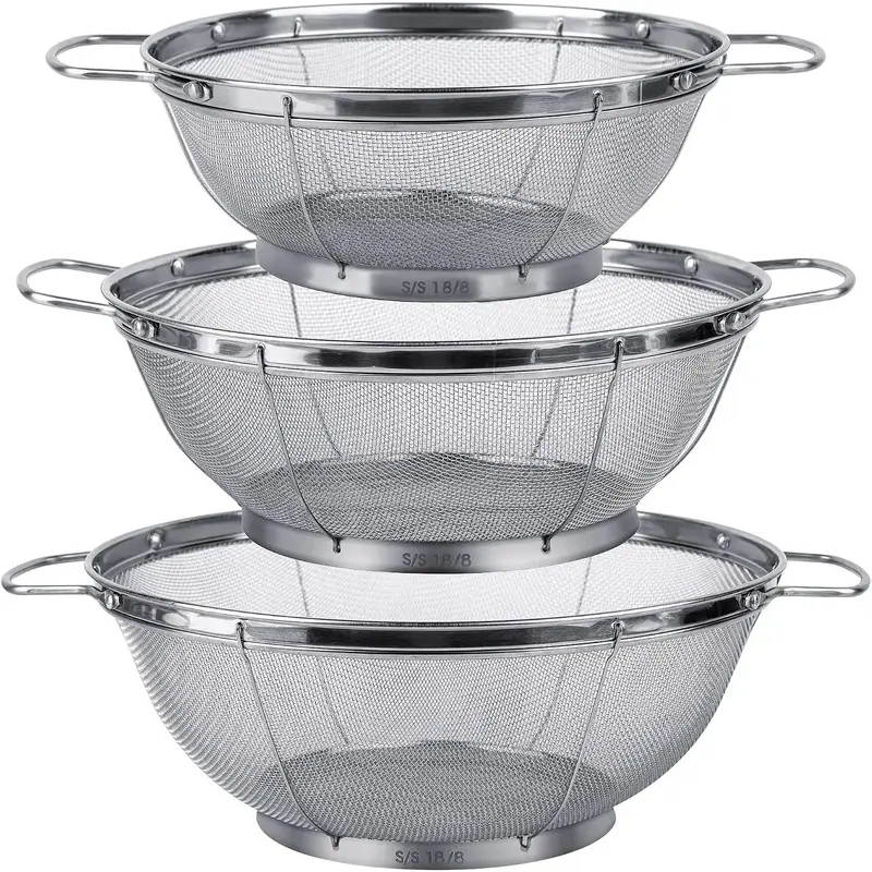 3 Pack 18/8 Stainless Steel Colander Sieves(5-Quart, 4-Quart and 3-Quart), Mesh Strainer Net Baskets with Handles & Resting Base for Strain, Drain, Rinse or Steam