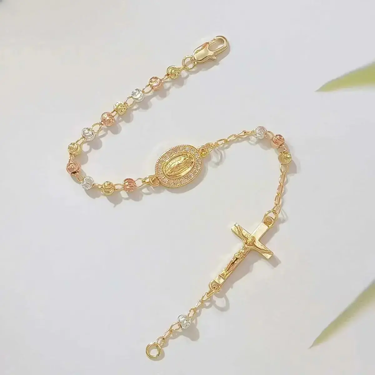 14K Gold Plated Tri Color Rosary Bracelet, Catholic Faith Jewelry with Virgin Mary Medal & Crucifix Cross Charm, Adjustable Chain Bracelet for Women, Daily Wear, Prayer, Church and Meaningful Gifts campingessentials