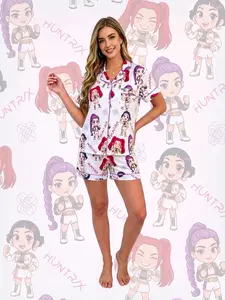 Women's 2-Piece Pajama Set white base with purple contrast trim printed cute chibi K-pop girl group characters and letter graphics. Notch collar short sleeve top with chest pocket elastic waist shorts soft comfy fabric all-season casual home loungewear