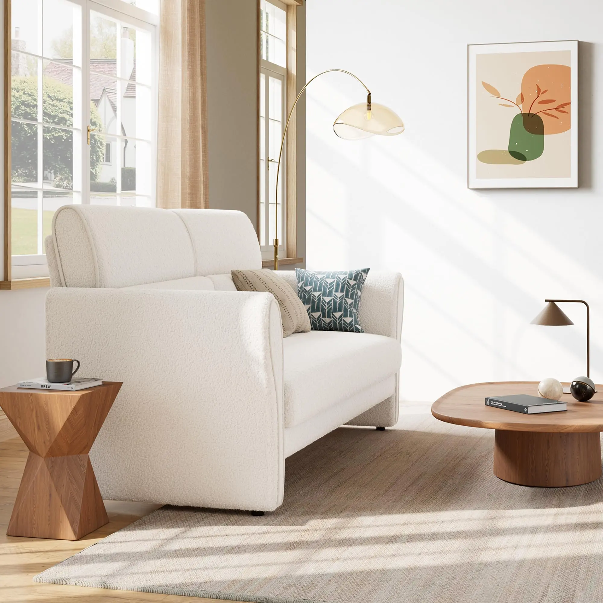 Garvee 57 Inch Modern Loveseat Sofa for Living Room, Upholstered in Beige Boucle Fabric, Comfortable Deep Seat 2-Seater Couch with Lumbar Pillow, Ideal for Small Spaces and Apartments