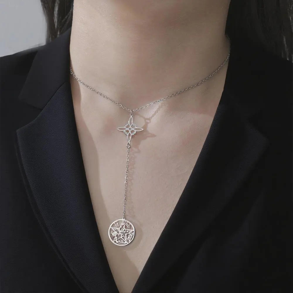 Unisex Double Amulet Protection Necklace - Witch Knot, Pentagram, Tetragrammaton Design - Stainless Steel Jewelry, Chain Jewelry Necklaces for Wholesale