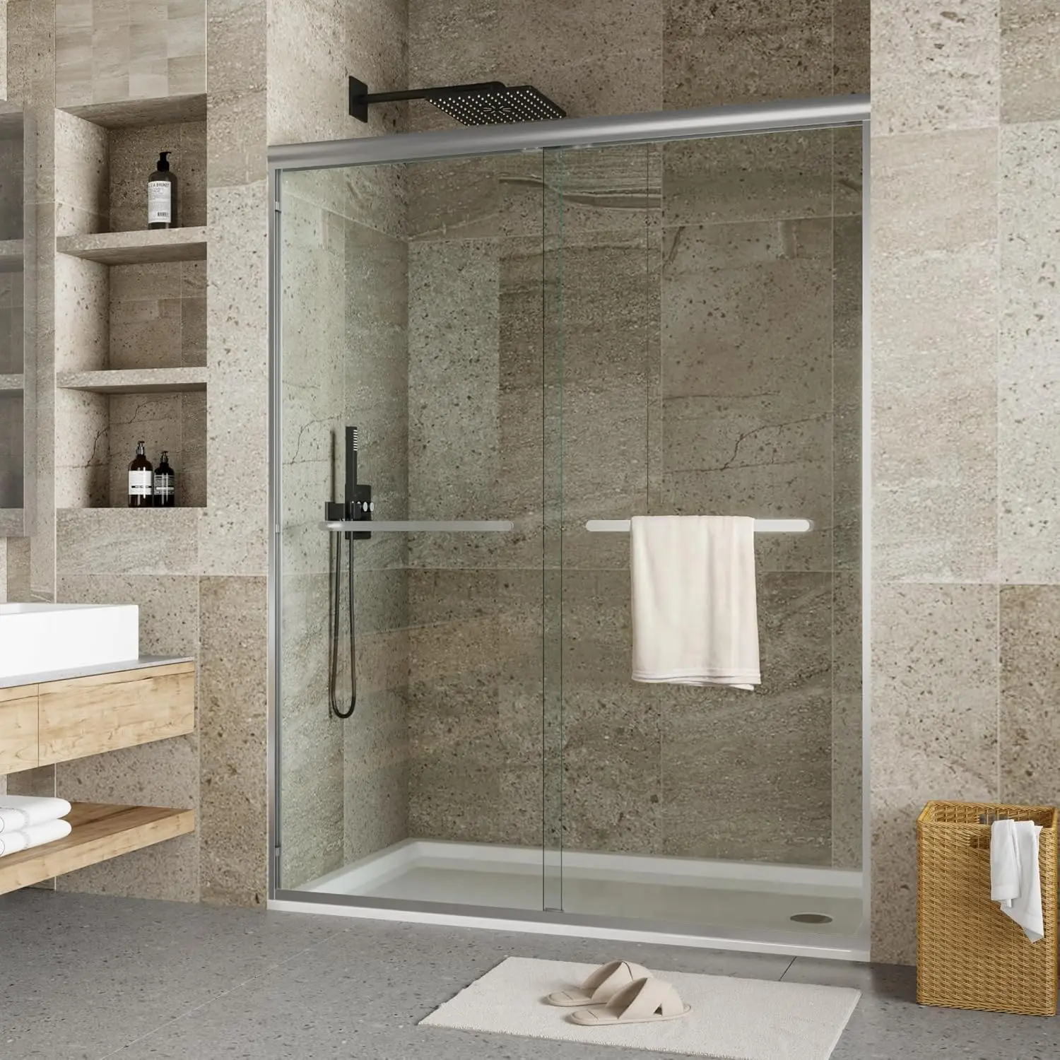 Shower Door, Frameless Shower Door 44-48" W x 72" H, Double Sliding Glass with 1/4'' (6mm) Clear Tempered Glass for Bathroom