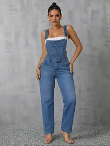 Wash Blue Side Multi-Button Women Jumpsuit, Chest Pocket Design, Casual Denim Overall, Daily Commute & Leisure, Loose-Fitting, Wide Leg, All Seasons