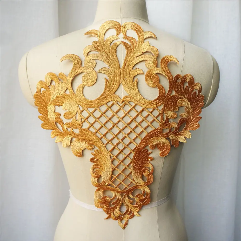Gold Embroidered Baroque Flower Applique Party Gown Collar Iron Sew Patch For Wedding Bridal Clothes Dress Decoration DIY Crafts