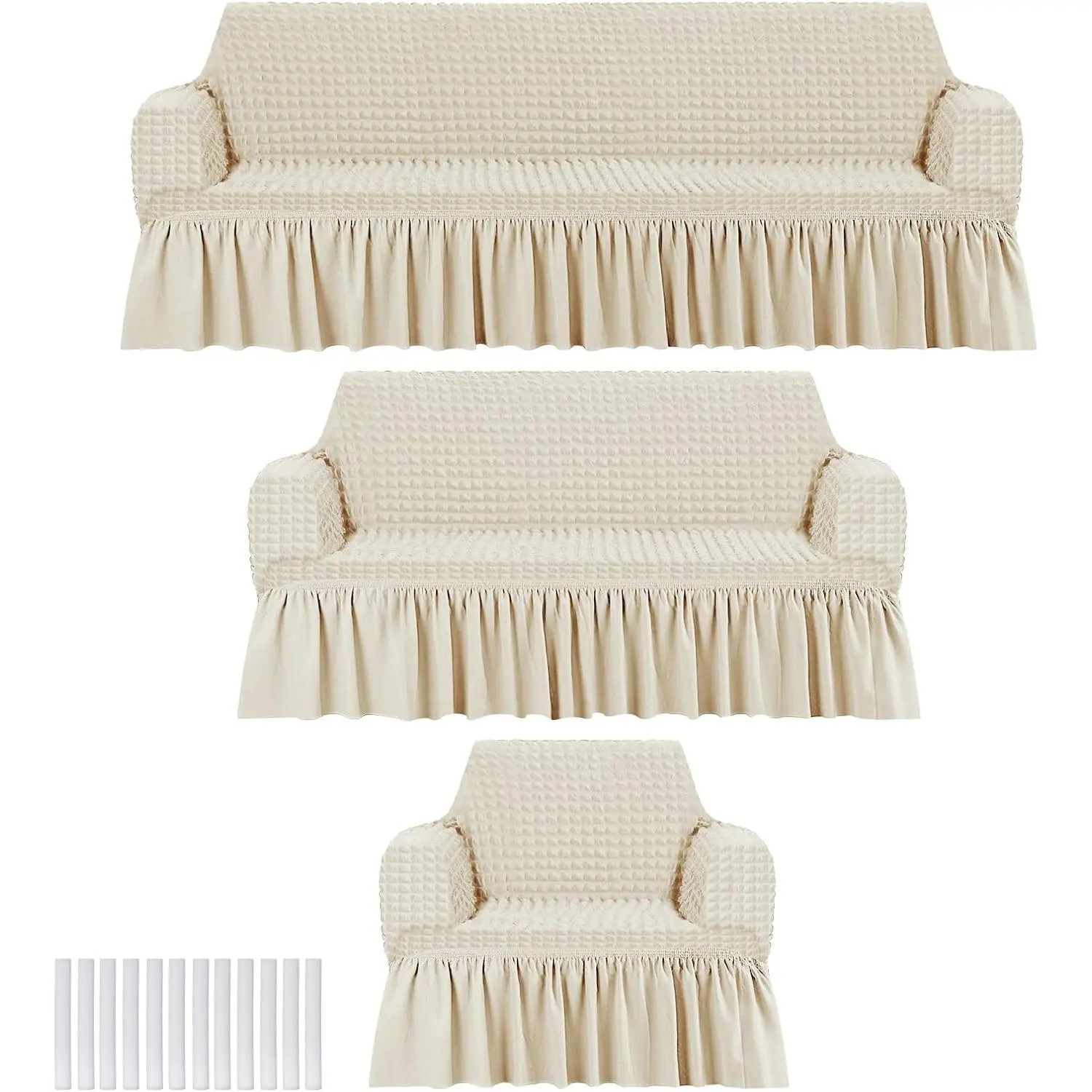 3 Pcs Sofa Slipcover Set for Couch Cushion Washable High Elastic Stretchable Furniture Couch Covers with Skirt for Sofa Loveseat Arm Chair(Beige,Seersucker)