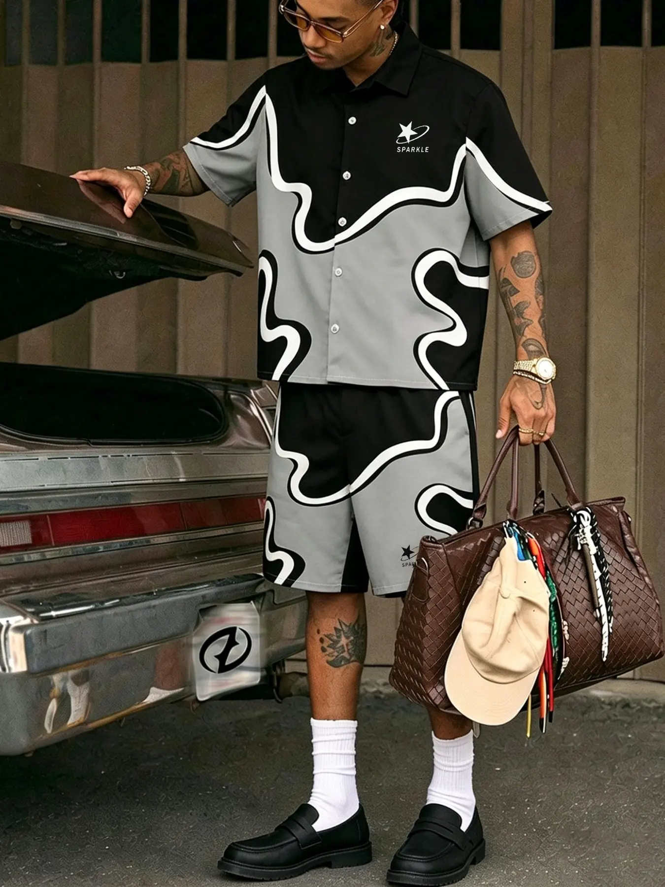 Men's Simple Line Casual Shirt Set, Outfits, Clothes, Short Sleeve Shirt and Shorts, Comfortable for Spring and Summer, Dazy Fashion Combination