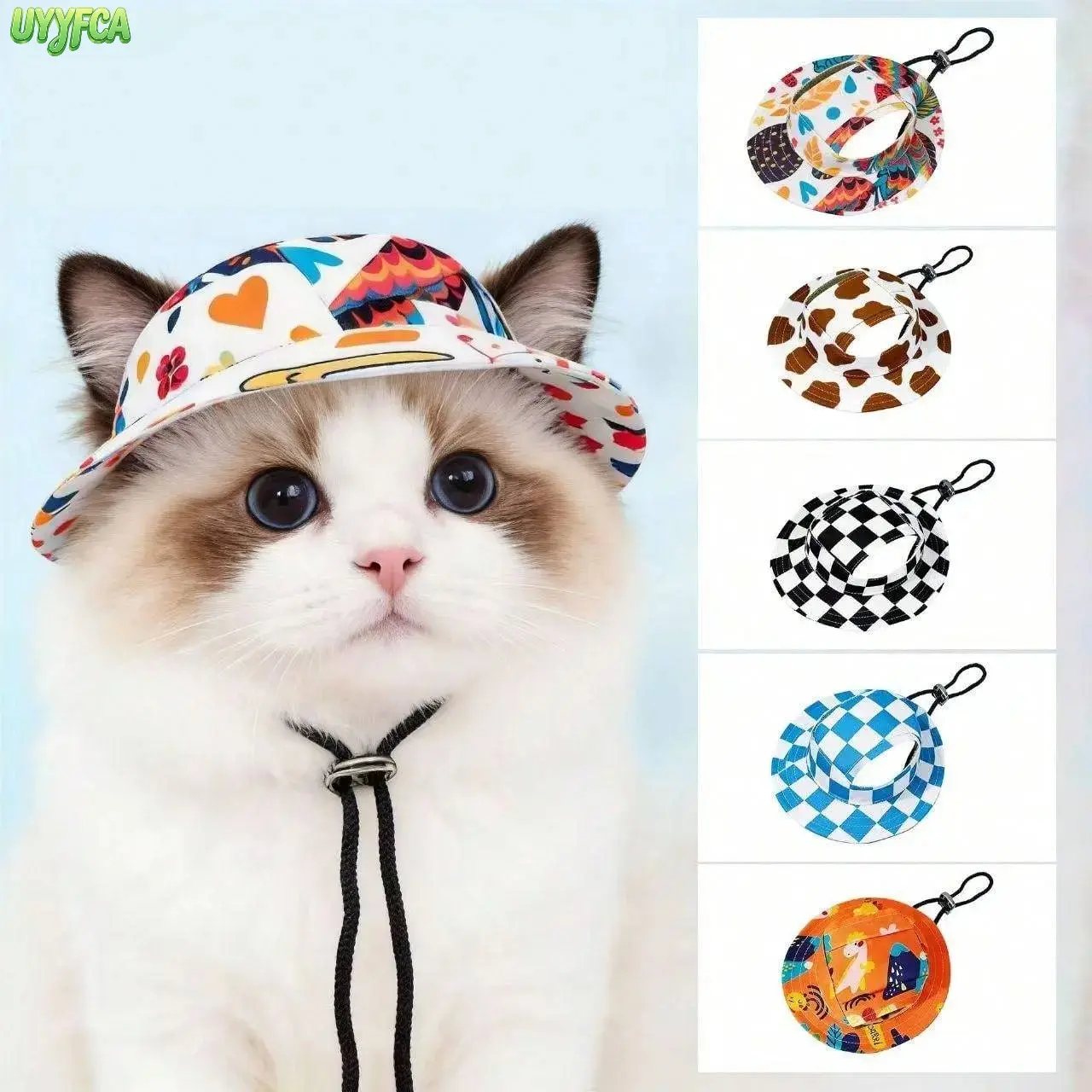 5-Pack Cute Pet Bucket Sun Hat With Dual Ear Holes, Breathable Lightweight Adjustable Chin Strap Puppy Kitty Visor Cap, Solid & Printed Pattern Summer UV Protection Pet Hat,Small Medium Dog Cat Outdoor Travel Beach Holiday Photo Accessory,Summervibes