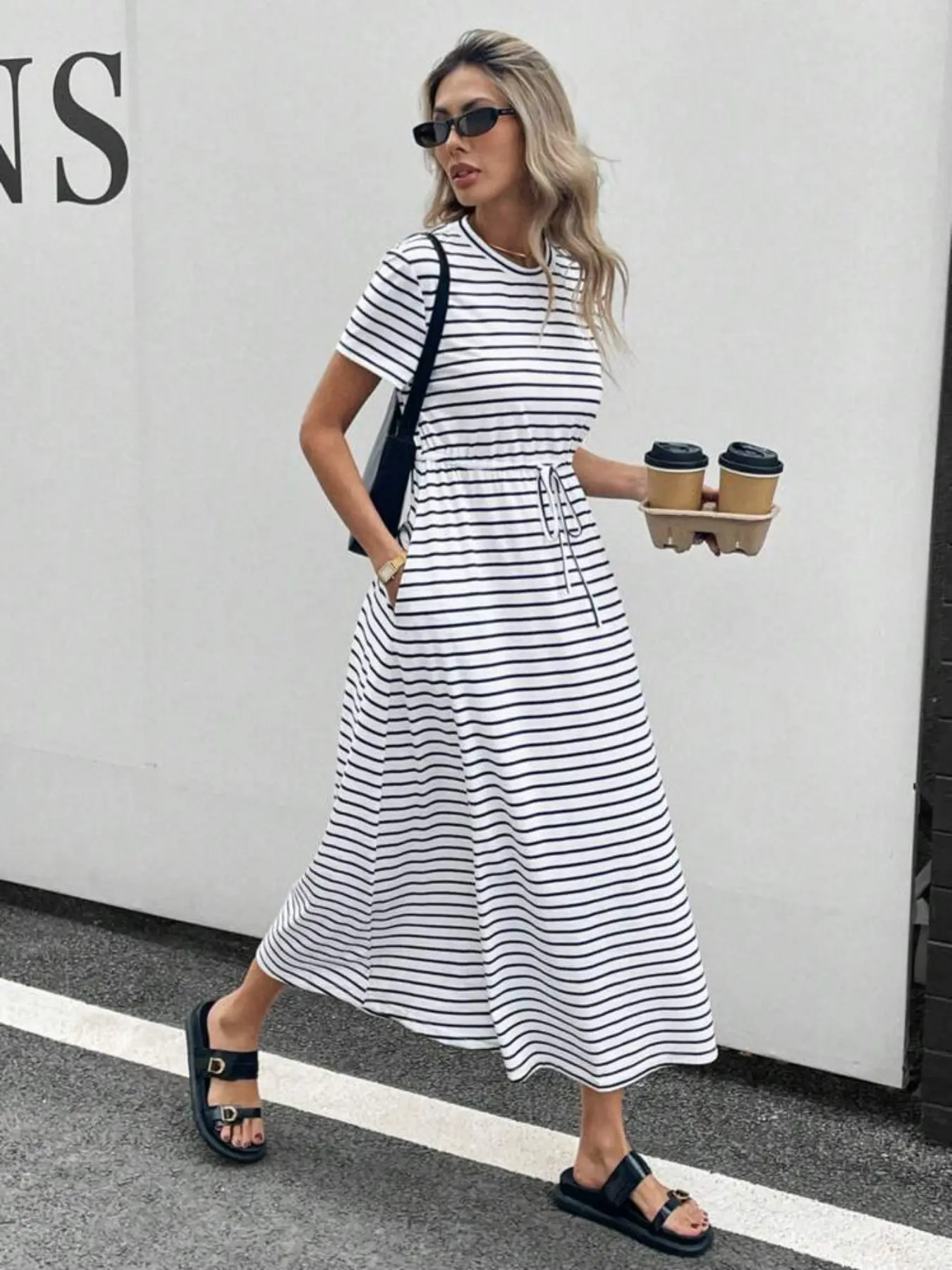 Nautical Stripe Midi Dress, Round Neck Short Sleeve Drawstring Waist A-Line with Pockets, Summer Casual Beachwear