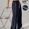 Women's Drawstring Waist Sports Sweatpants Loose Fit, Contrast Binding Wide-Leg Trousers for Daily Outdoor Wear, Ladies' Sportswear for All Seasons, Athleisure Casual Bottoms