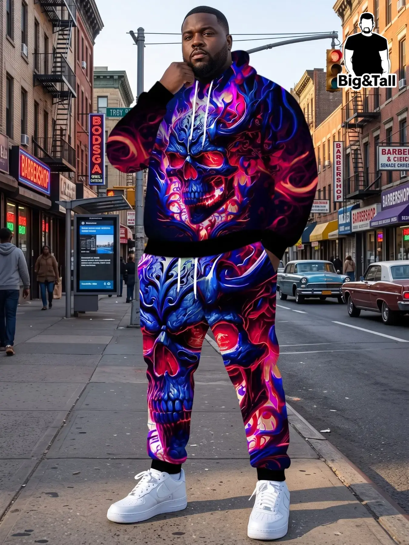 Men's Plus Size 2-Piece Sweatshirt and Pants Set, Neon Gradient Devil Skull All-Over Print, Blue Flame Hooded, Sweatsuit Set