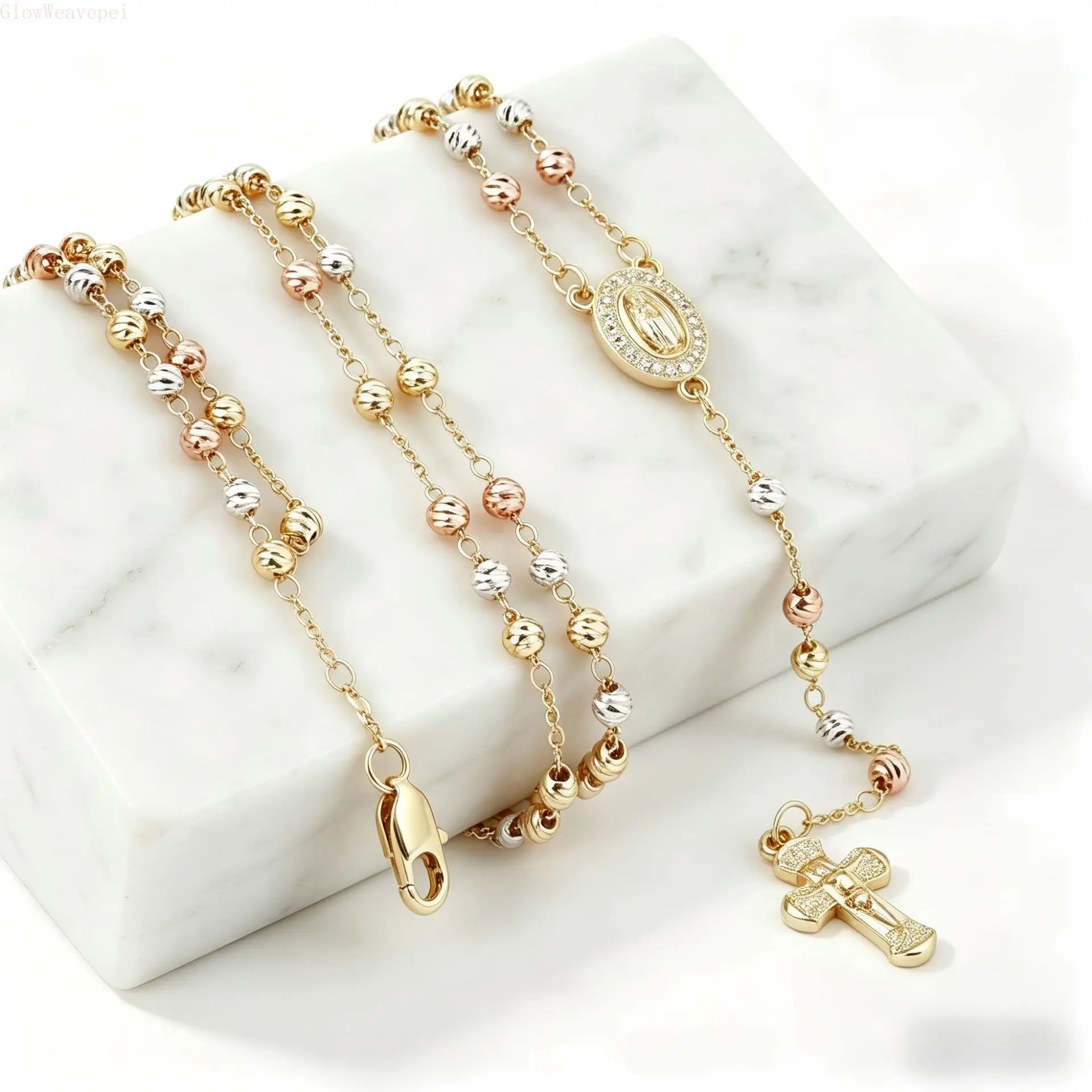 14k Our Lady Of Guadalupe Rosary Necklace Tri Color Textured Beads Gold Crucifix Cross Pendant Long Y Shape Chain Sweater Layering Daily Wear Aesthetic Christian Jewelry Meaningful Religious Accessory