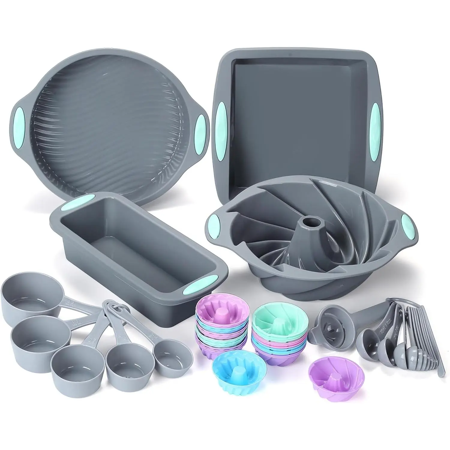 45 count  Bakeware Set, Heat Resistant Baking Pans, Nonstick Baking Molds for Cake, Bread and Cupcake, with Measuring Cups and Spoons Set, Light Grey