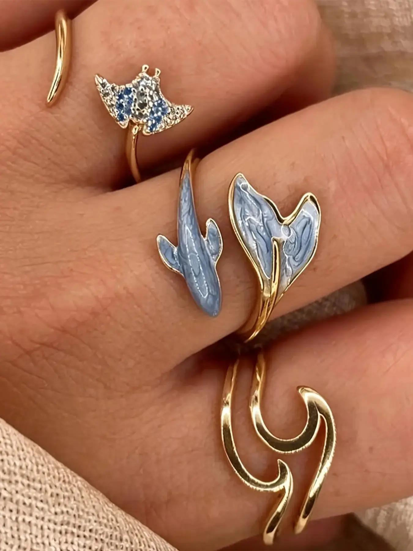 3 Piece Ocean Style Dolphin Tail Ring Set, Elegant Geometric Wave Design, Adjustable Open Ring, Beautiful Rings, Perfect Gift for Daily Wear