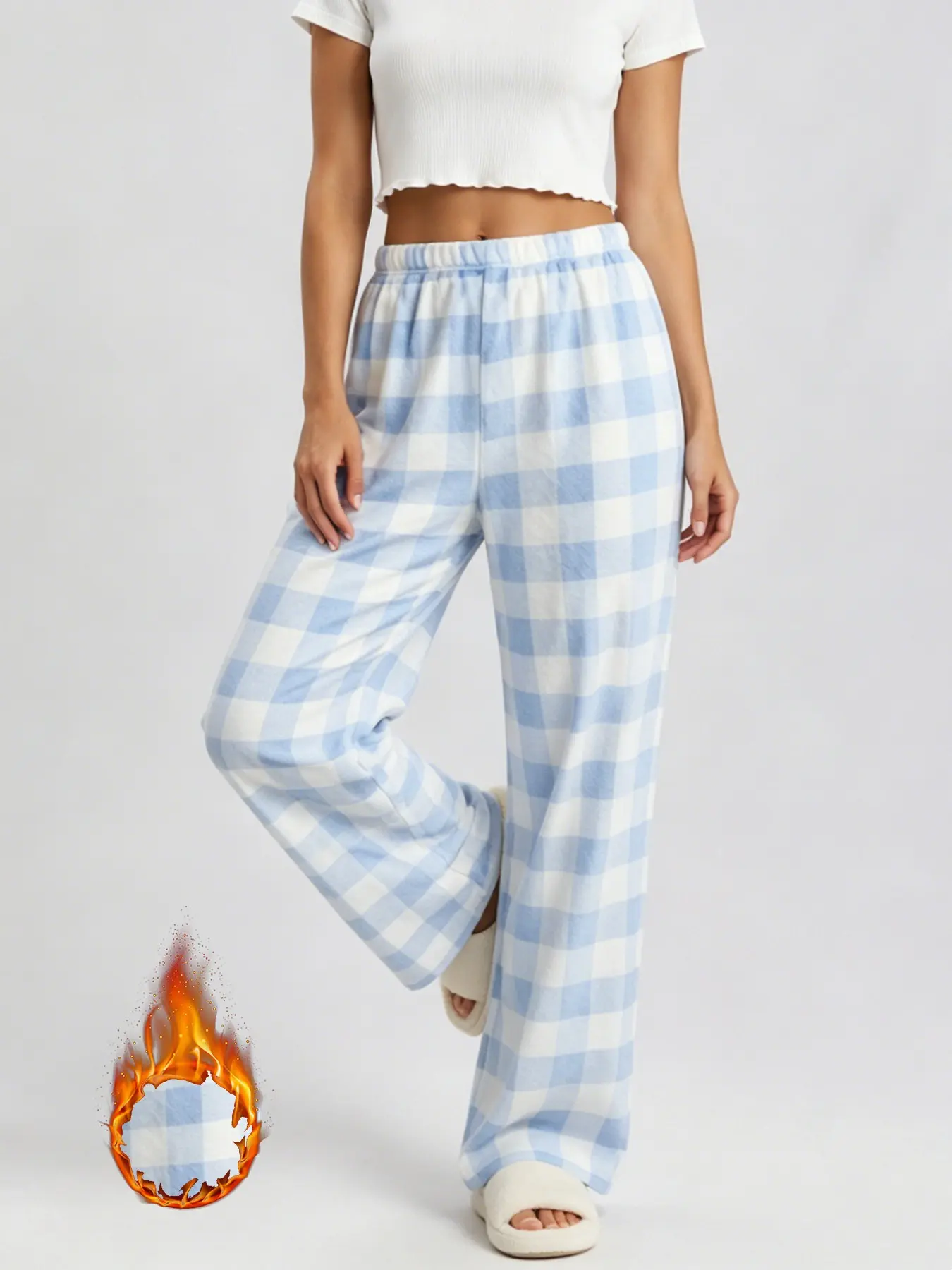 Autumn Winter Korean Style Plaid Sleep Pants, Elastic Waist Loose Warm Flannel Lounge Pants, Comfortable Home Wear Long Trousers