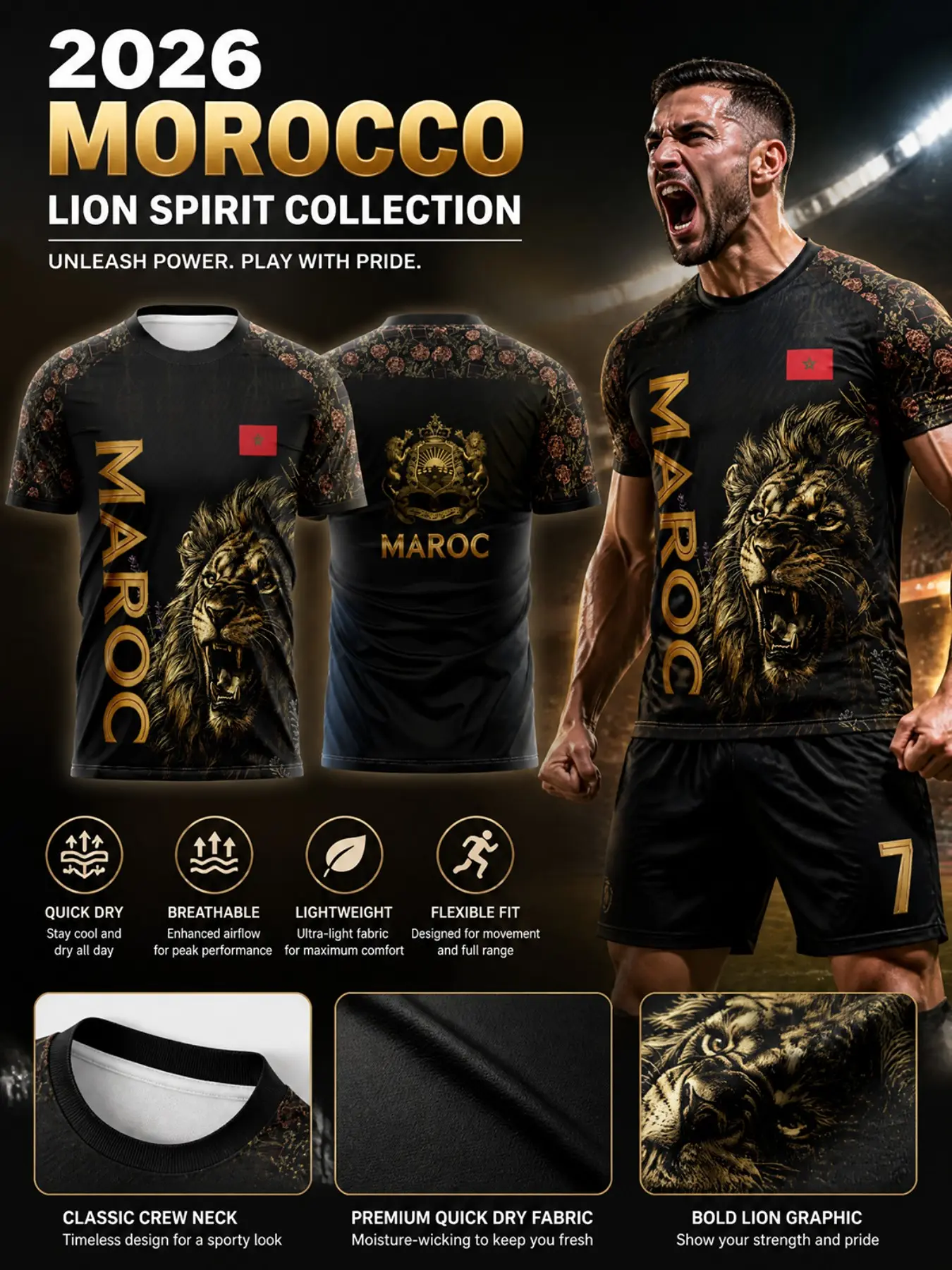 Morocco National Team Soccer Jersey, Gold Atlas Lion Print, Floral Shoulder Decor, Quick-Dry Breathable, Unisex Adult Football Shirt, Lightweight Jersey, Breathable Sports Jersey