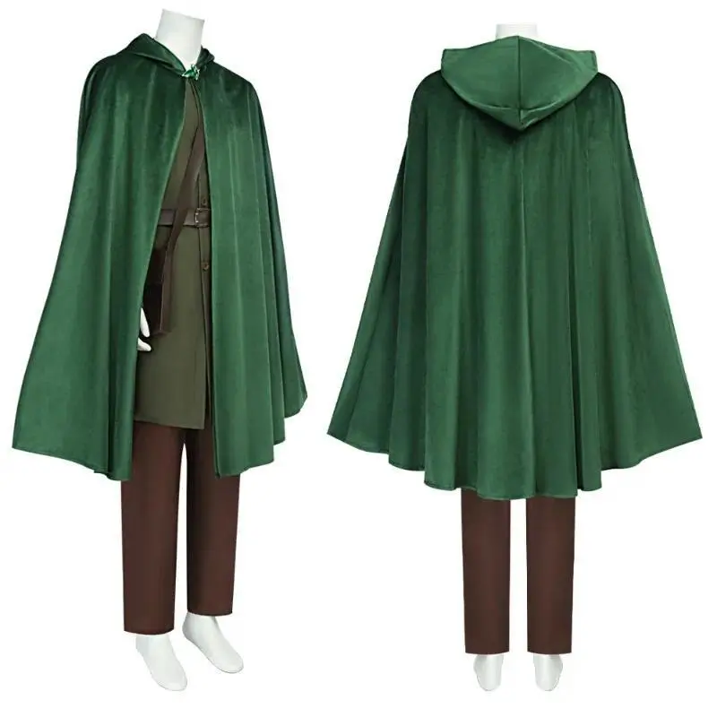 Hobbit Bilbo Baggins Medieval-Renaissance Cosplay Costume Set - Full-Length Polyester Cloak with Brooch, Halloween Suit, Multi-Size Including XXL, Game Anime Role-Playing Outfit, All-Season Fashion Accessory Set, All Seasons, Cosplay Party, Includes Brooc