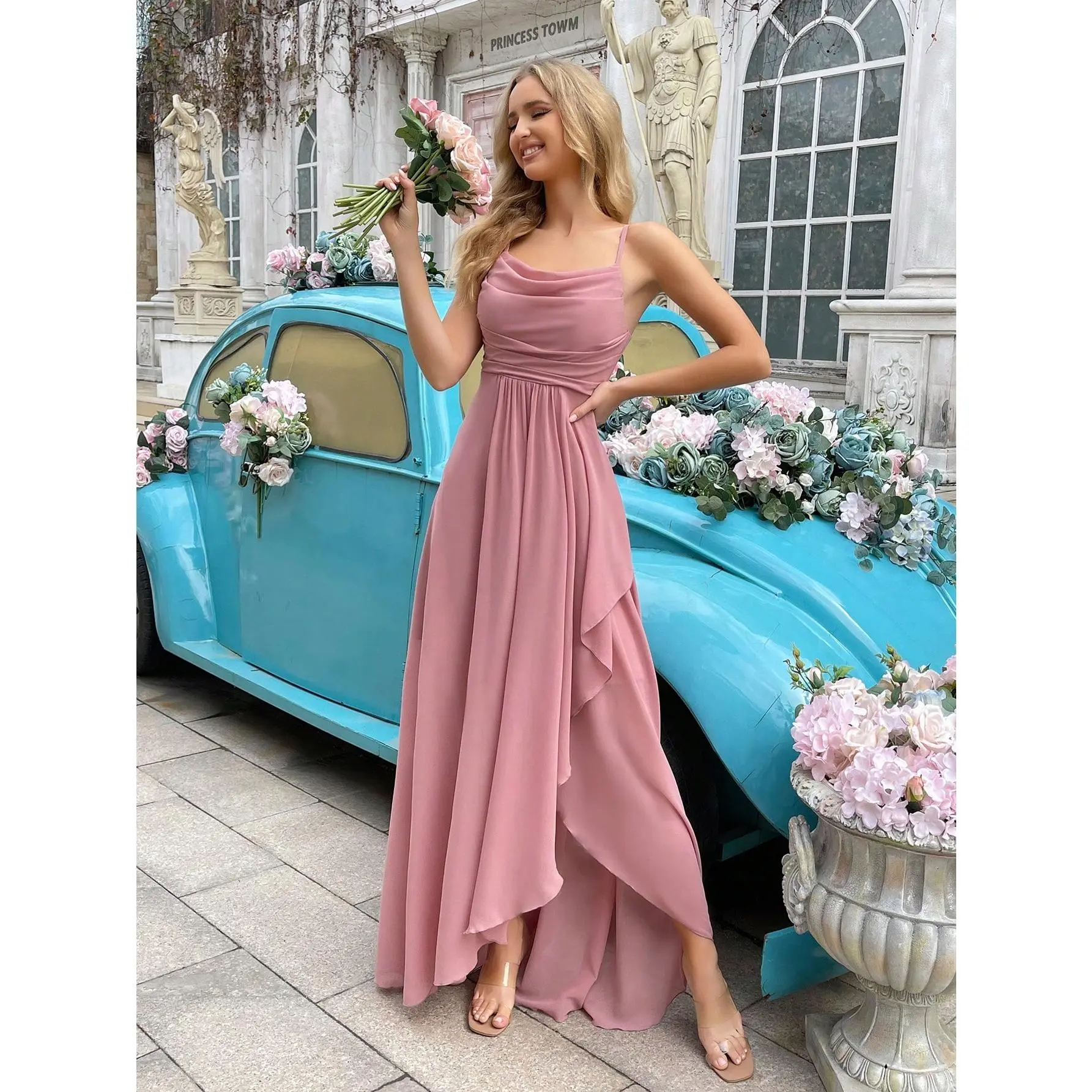 Elegant Simple Women Wedding Formal Dress Summer Bridesmaid Gown For Weddings, Guest, Dinner, Formal Events, Engagement Party, Lawn Wedding Solid Color Cowl Neck Asymmetric Hem Halter Bridesmaid Long Dresses