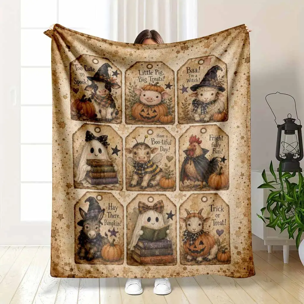 Vintage Halloween Farm Animals Flannel Blanket with Cute Witch Cow Pig Lamb Ghost Donkey Goat Pumpkin Tag Print Soft Warm Cozy for Sofa Bed Party Decor Fall Gift
