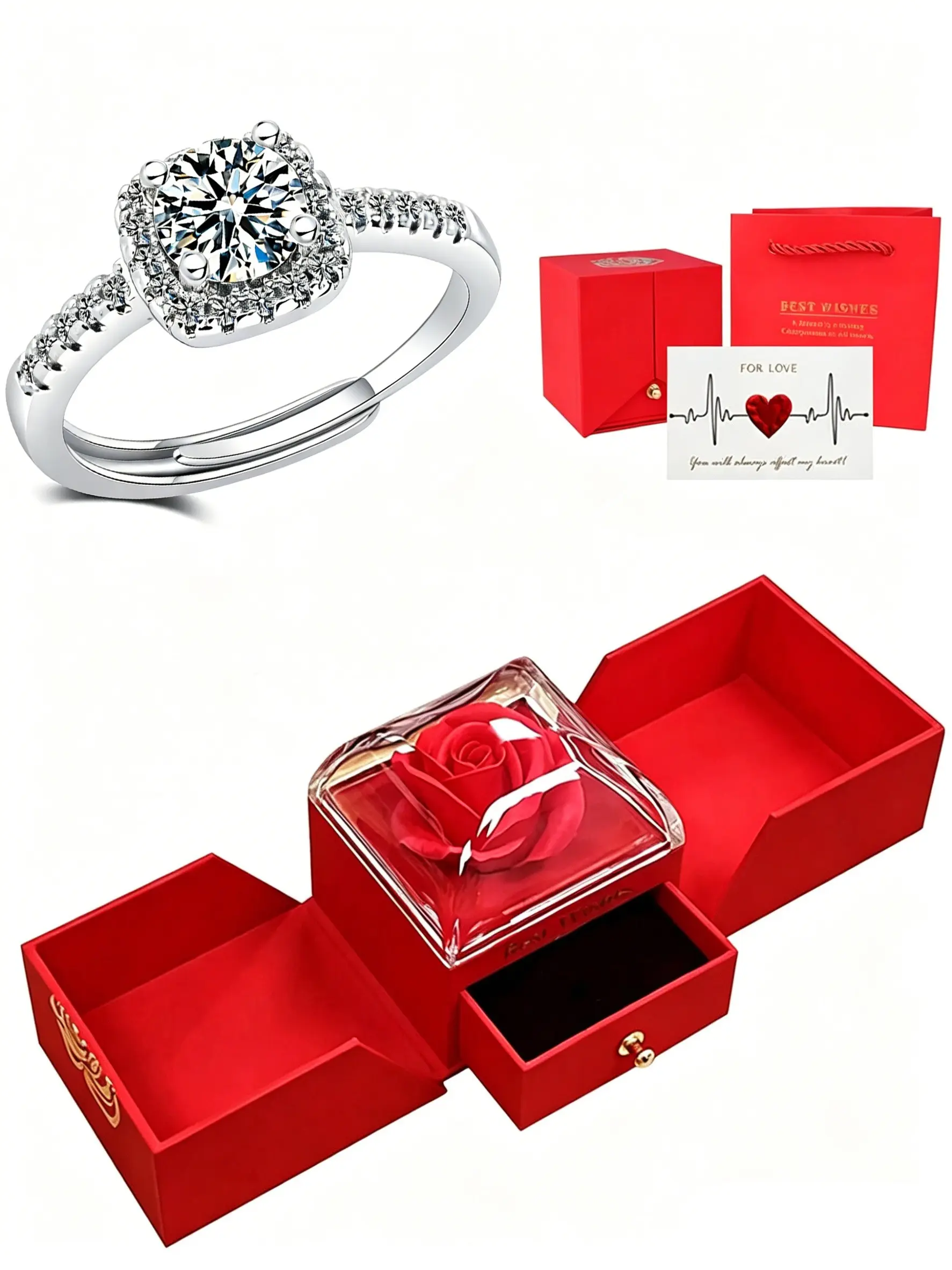 Square halo zircon fashion promise ring, Wedding anniversary ring with rose gift box set. Adjustable open women’s engagement ring with fully paved side stones. Ideal romantic gift for Valentine’s Day, anniversaries, birthdays