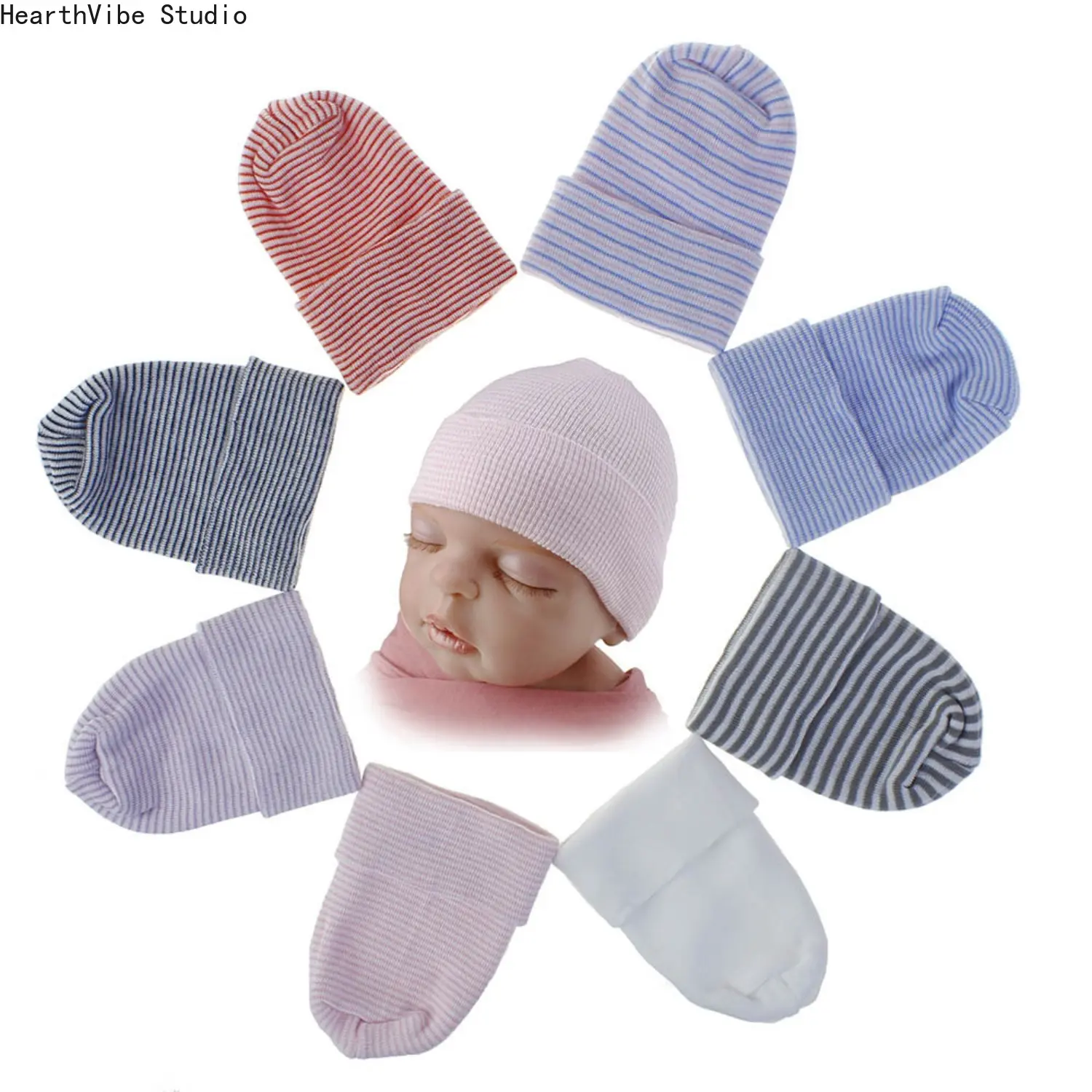 Newborn Baby Hat Set, Unisex Striped Soft Cotton Beanie, Breathable for Hospital & Daily Wear, Fits 0-3 Months