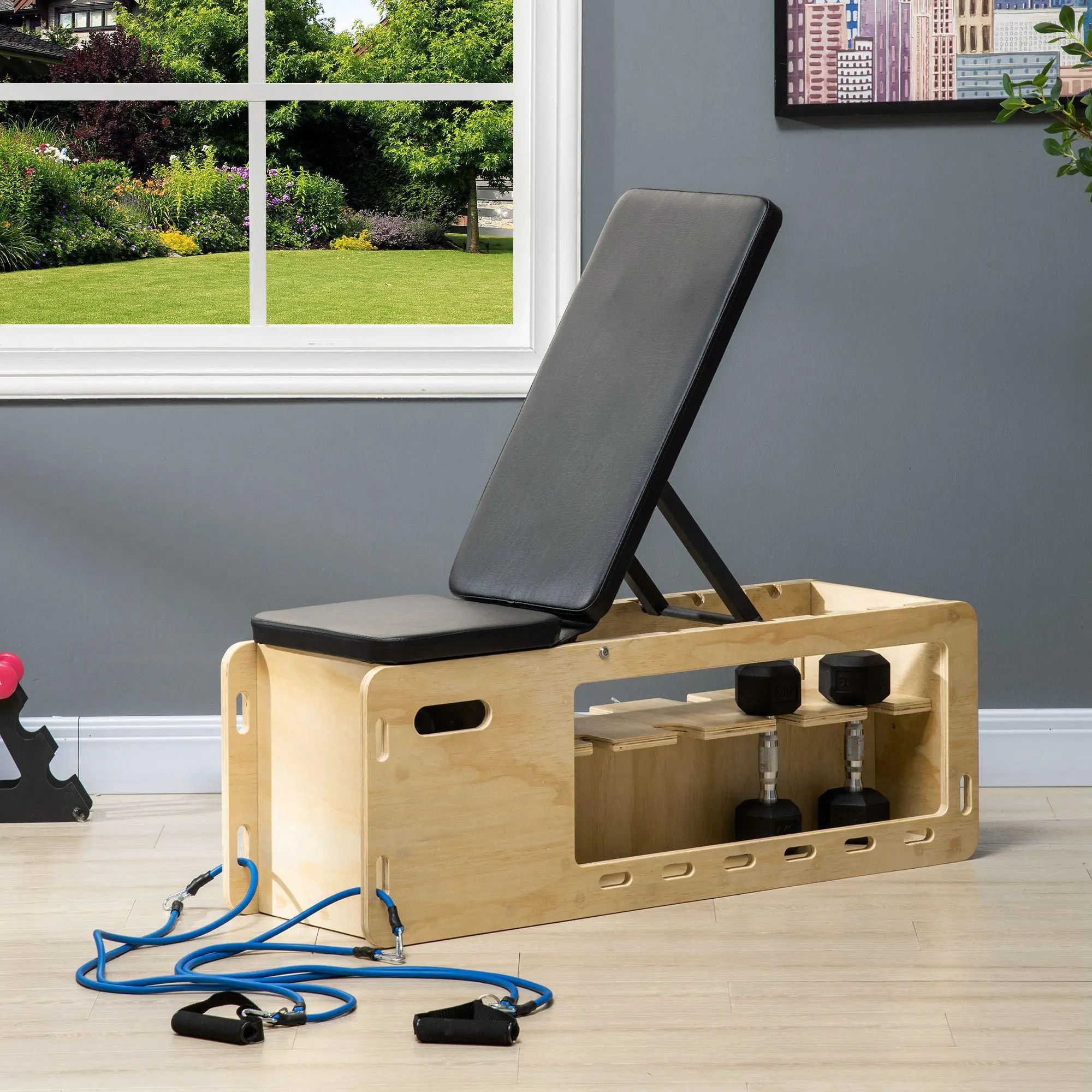 Soozier Adjustable Weight Bench with Dumbbell Rack, Wooden Frame, Resistance Bands, Incline Design, Assembly Req., Max 660lbs Home Gym Equipment for Chest Press, Leg & Arm Training
