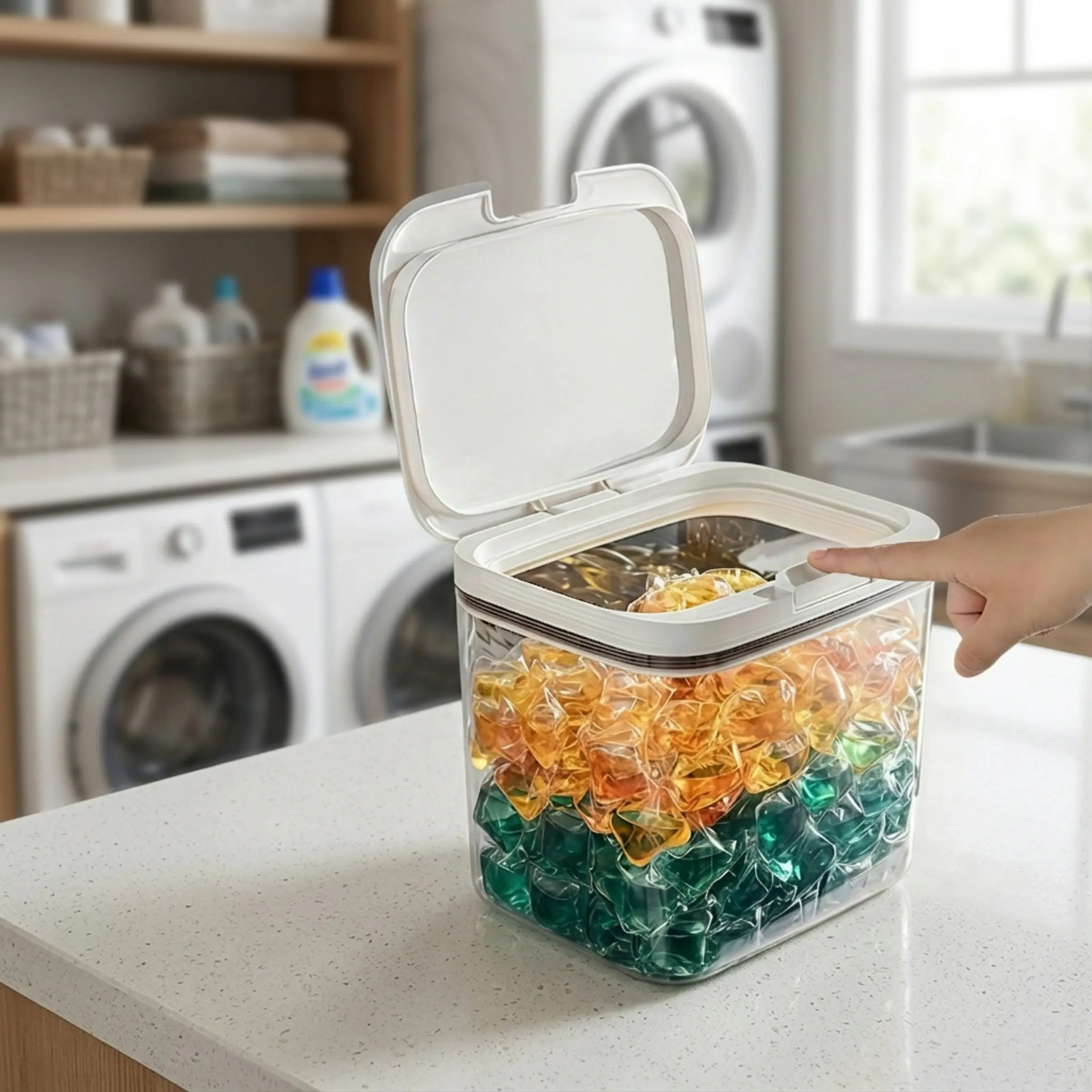 Laundry Room Storage Container, Press-Top Lid Design, Ideal for Dryer Balls, Powder, Scented Beads, Efficient Laundry Organization, Home Storage Solution, Organiser, Clear Containers