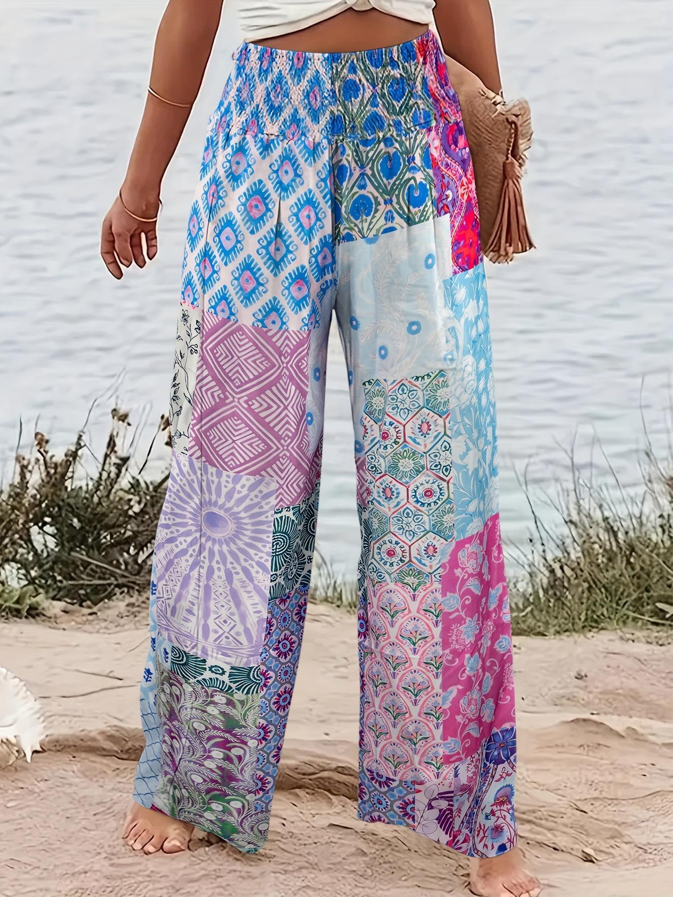 Women's Patchwork Print Elastic Waist Wide Leg Pants, Boho Bohemian Casual Trousers for Beach Vacation Holiday, Ladies Bottoms for All Seasons