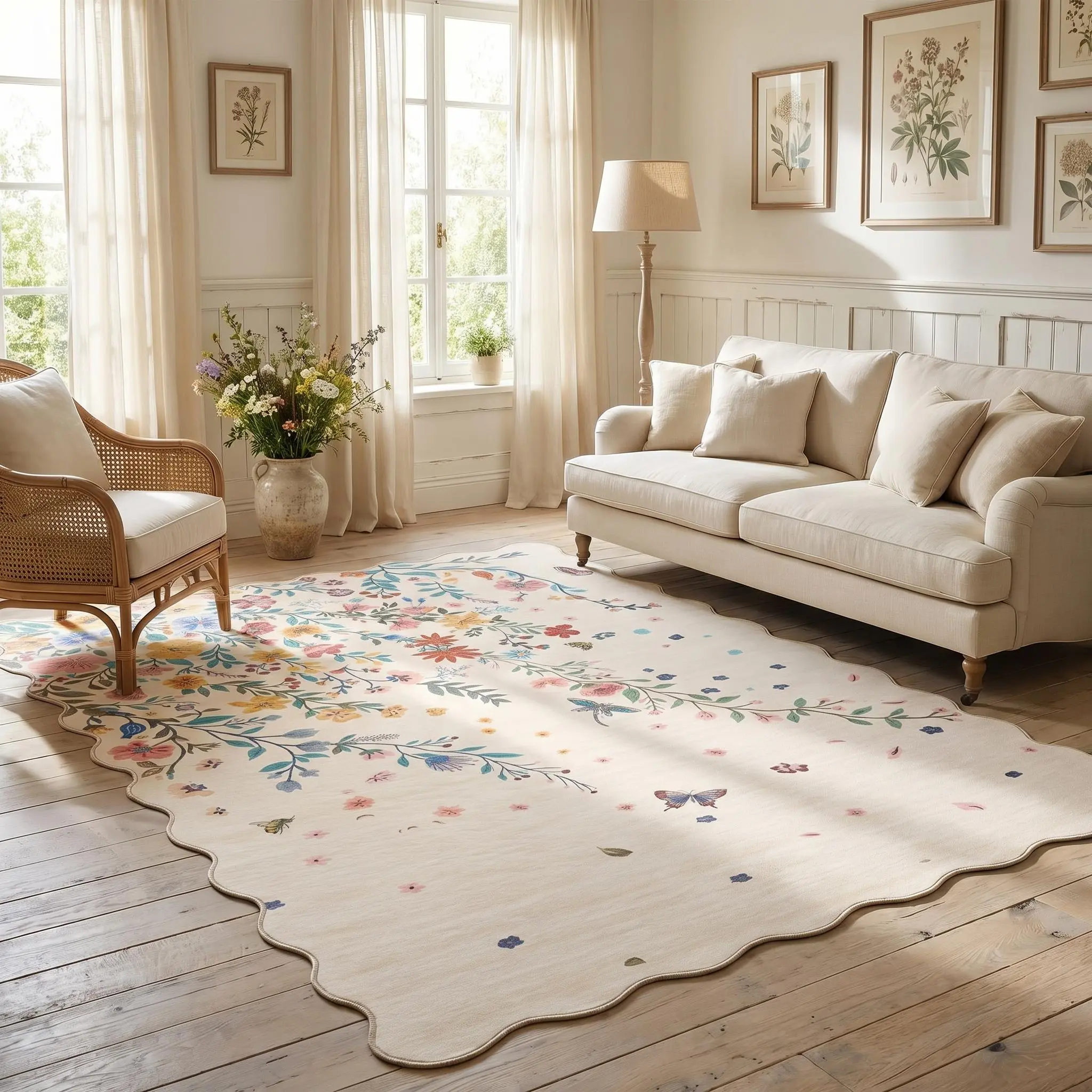 Pastel Scalloped Wavy Edge Floral Butterfly Cottagecore Area Rug Thin Low Pile Non Slip Washable Soft Stain Resistant Pet Friendly Cute Indoor Floor Carpet Mat for Girls Bedroom Playroom Living Room Apartment Farmhouse Entryway Aesthetic Home Decor, Rugs
