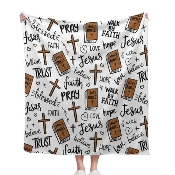 Christian Faith Bible Cross Doodle Pattern Flannel Throw Blanket Jesus Hope Love Pray Blessed Religious Inspirational Print Warm Home Decor 30*40in 40*50in 50*60in 60*80in US Local Shipping fluffy cozy Personalized Photo Hand Knitted Chunky Chenille