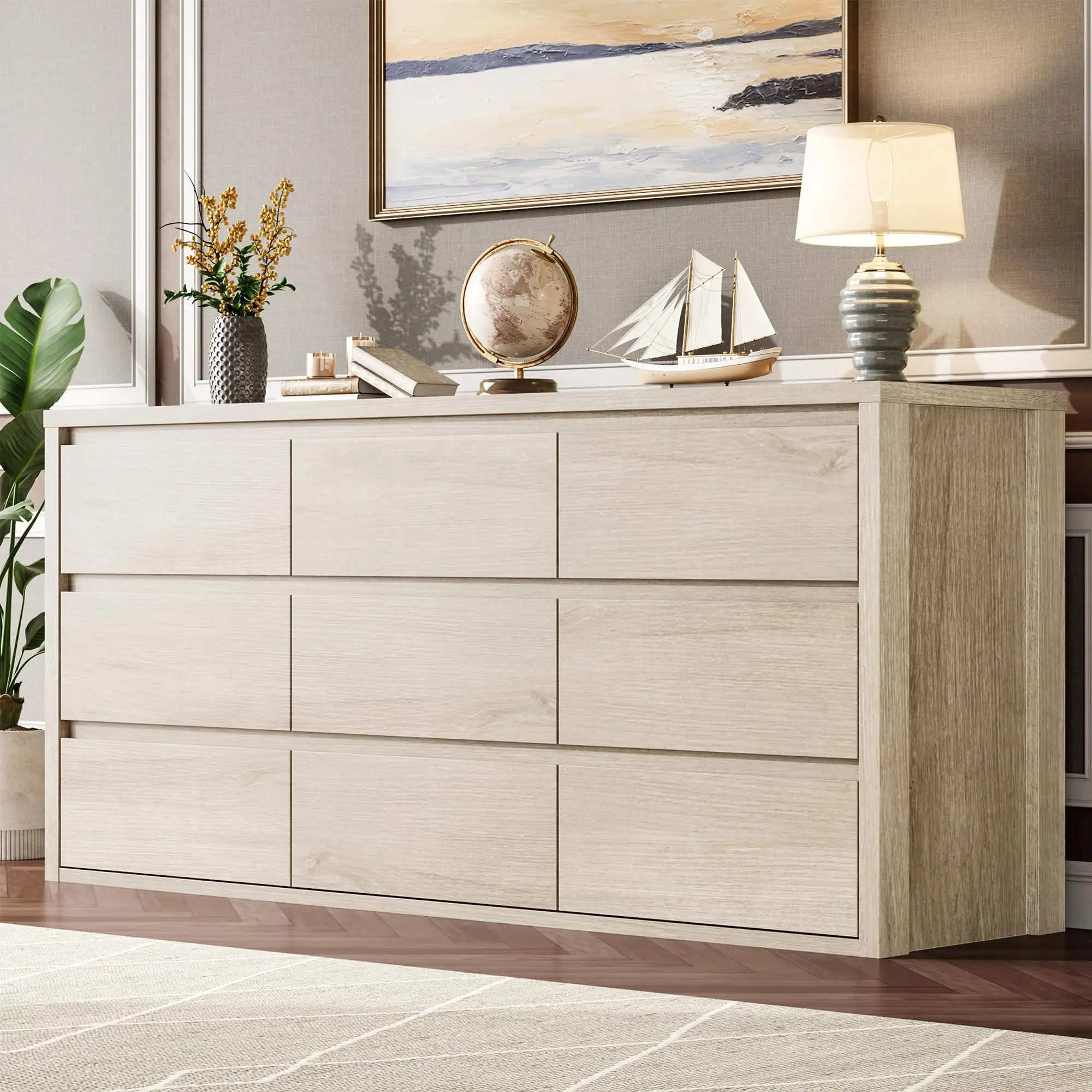 Garvee 9 Drawer Wide Modern Wood Dresser for Bedroom, Living Room, Hallway, and Entryway - Handle-Free Large Storage Chest of Drawers Organizer