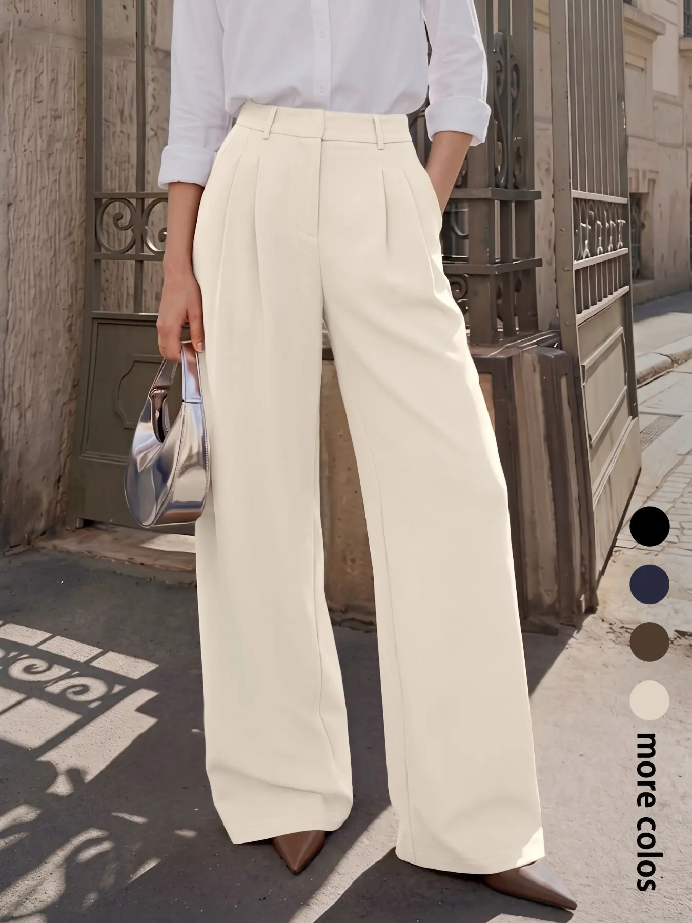 Women Solid High Waist Pleated Wide Leg Pants with Pockets, Zip Closure Waist Casual Trousers for Spring & Fall, Soft Comfort Bottoms Suitable for Daily Commute, Dates, Office & Gatherings