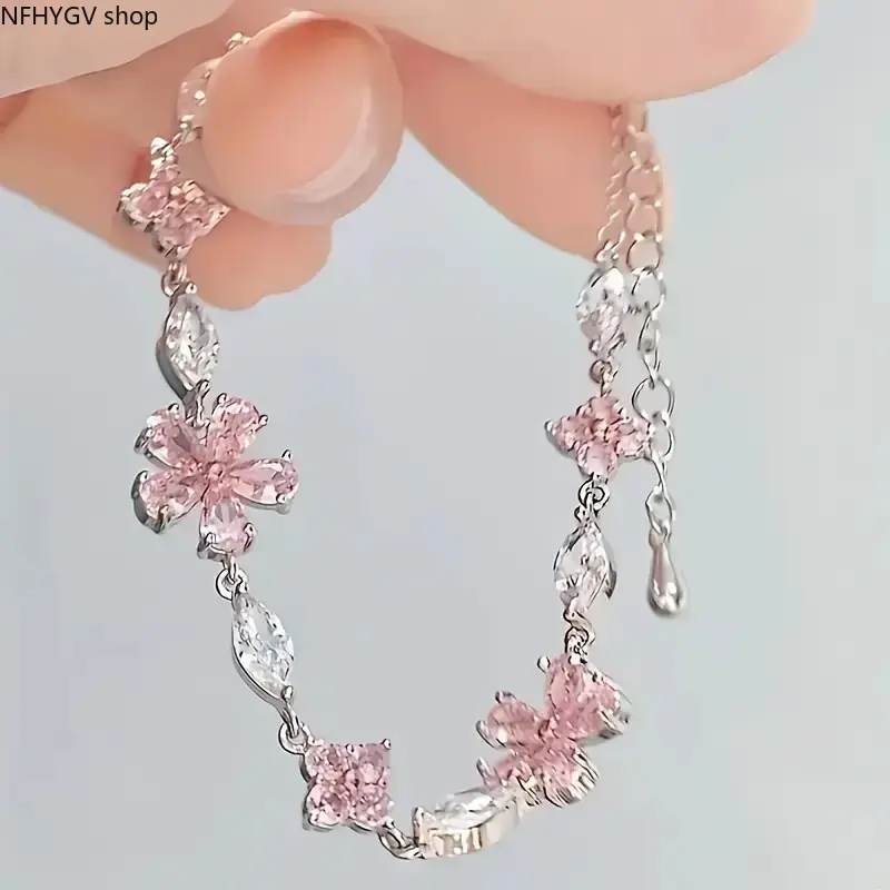 1 Pc Pink Cherry Blossom Women’s Charm Bracelet, Adjustable Square Petal Floral Wrist Chain, Exquisite Mini Cute Girly Fashion Accessory For Daily Styling And Heartfelt Holiday Gift Giving For Young Ladies