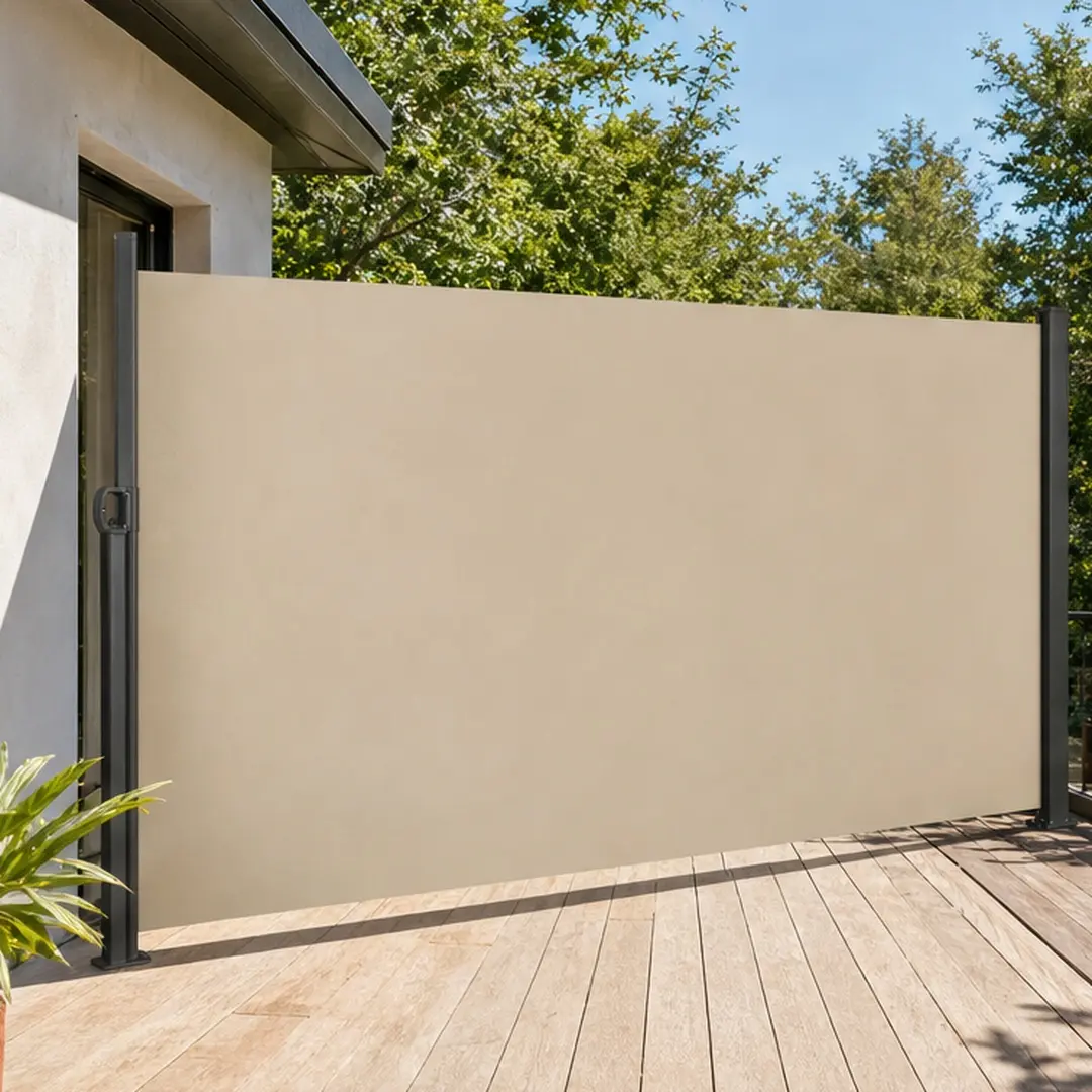 Retractable Side Awning 138x71in Waterproof UV Resistant Privacy Screen Divider for Balcony Patio Porch Terrace Outdoor Canopy Shade Beige Manual Operation No Foundation Needed, Beige Color Options, Metal Material, Product Dimensions: 71.00 W