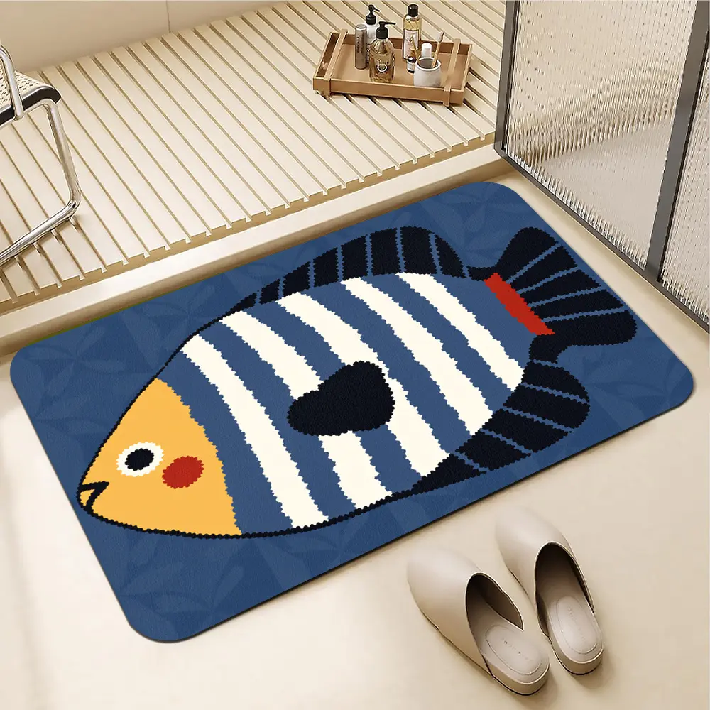 Cartoon Big Fish Pattern Bathroom Area Rug, Soft Fabric Mat, Machine-Washable, Suitable for Bathroom, Bedroom, Mats