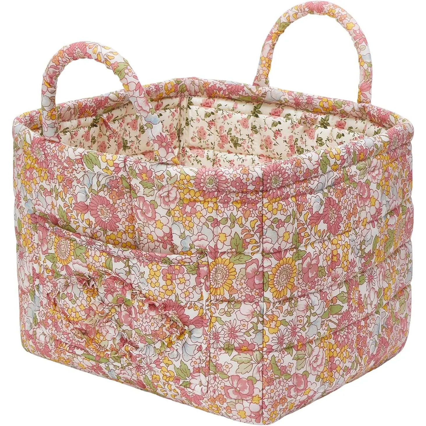 Quilted Fabric Storage Baskets with Handles, Boho Floral Gift Basket Foldable Organizer Bin for Home Decor, Picnic, Travel 12''x10''x10'' (Orange)