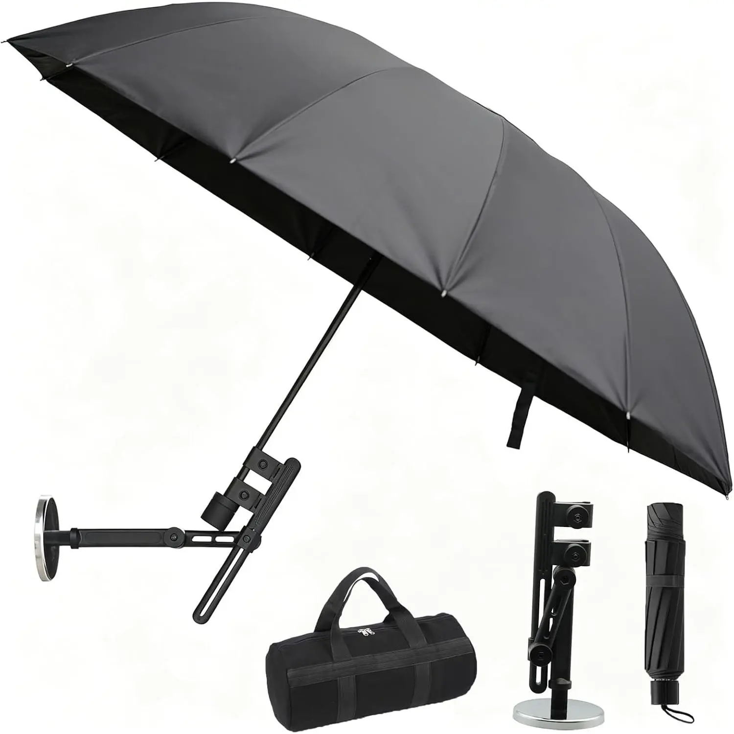 52" Black Foldable Lightweight HVAC Umbrella with Magnetic Base, 180° Adjustable Angle, Universal Clip for Wide Compatibility, Compact Portable Design for Outdoor Golf Use