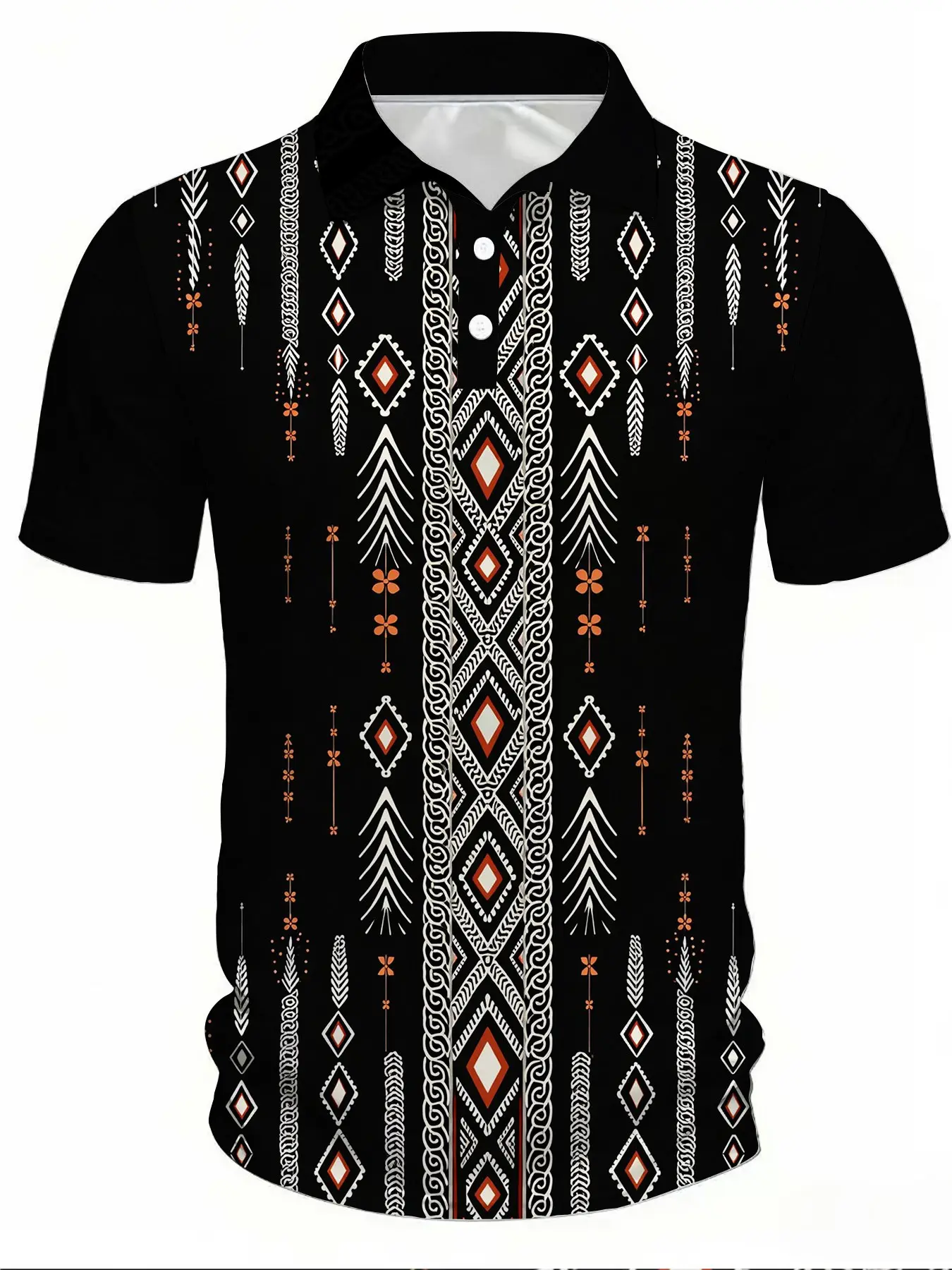 Men's Turn-down Collar Short Sleeve Casual Summer Polo Shirt with Black Background, Ethnic-style Diamond Feather Vertical Stripe Print, Printed Polo Shirts