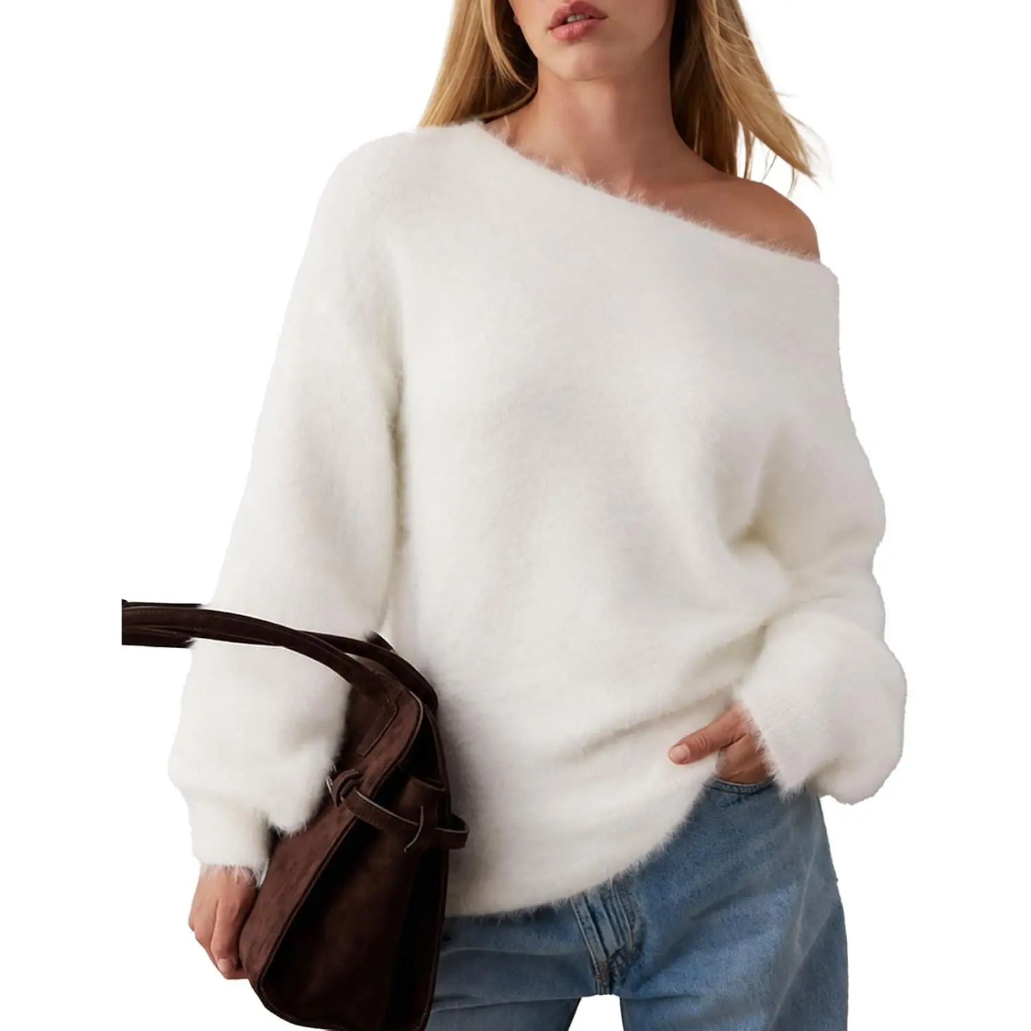 Arssm Women's Off-the-Shoulder Sweater with Fuzzy Slouchy Furry Knit Design | Loose Fit, Long Sleeve, Fall, Cozy Pullover Jumper Tops