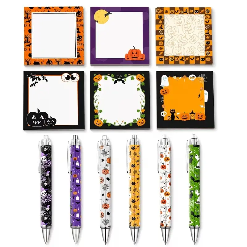 Halloween Stationery Set 12 Pieces, Includes 6 Notebooks and 6 Pens, Pumpkin and Bat Theme, School Office Party Gift, Writing Supplies