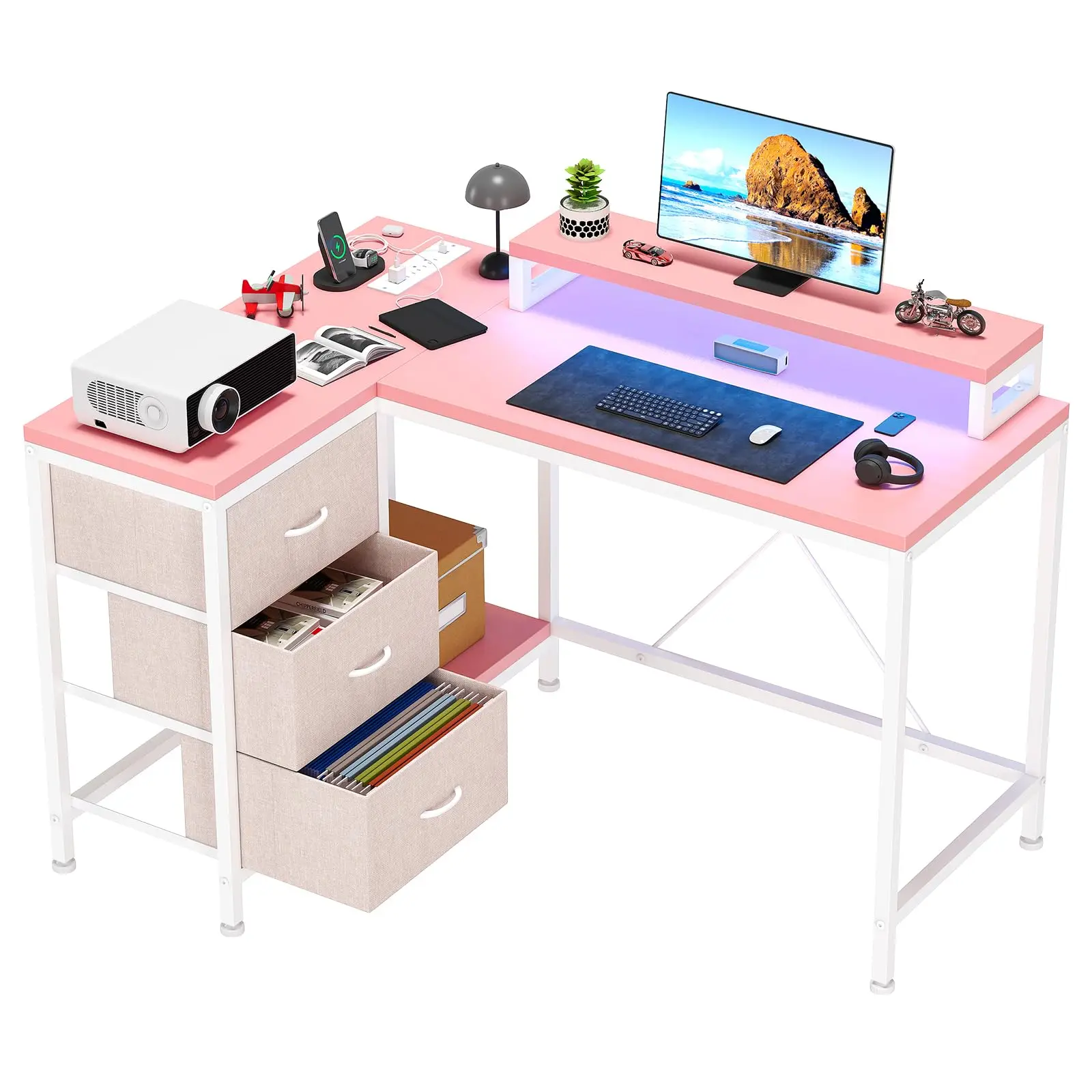 GARVEEReversible L Shaped Desk With Power Outlet and 3 Drawer, Computer Desk With Led Lights, Home Office Desk With Monitor Stand,Study Writing Gaming Desk,Pink