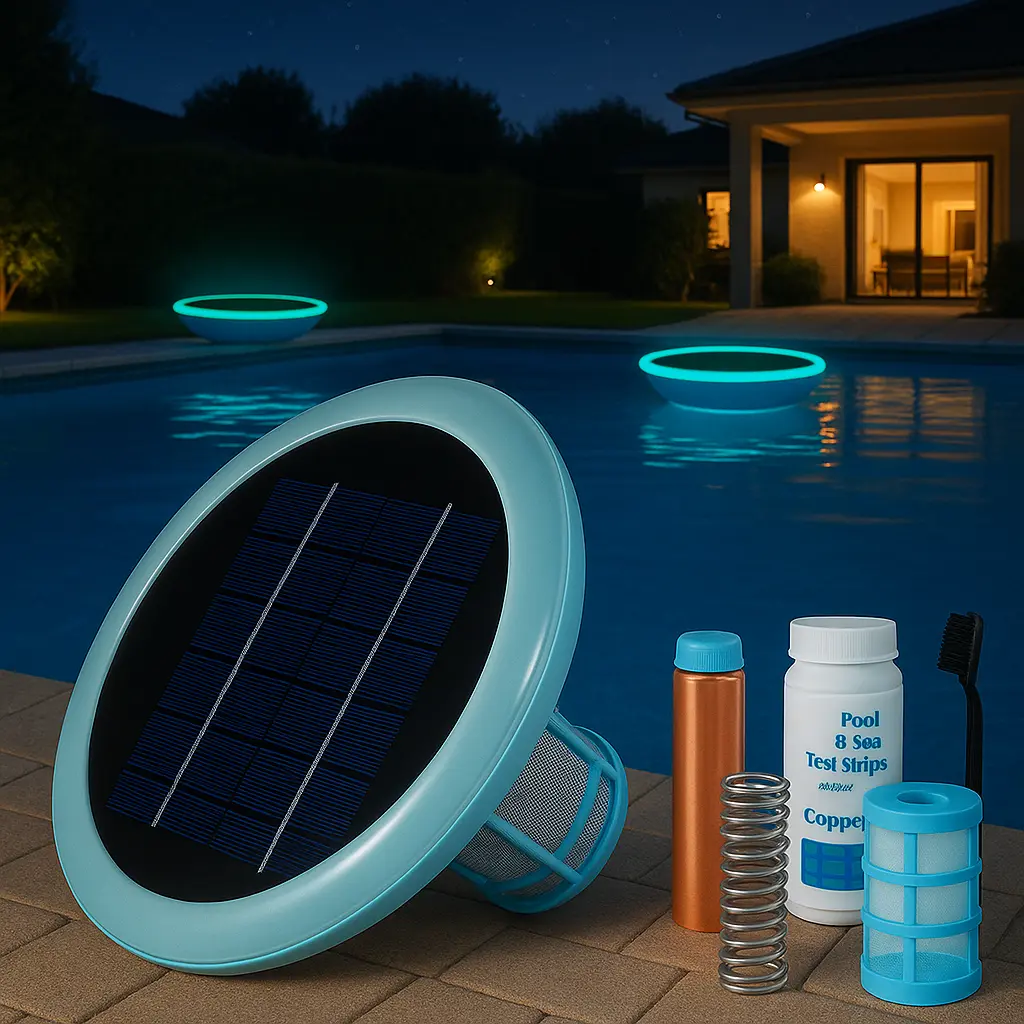 Pool Ionizer Solar Powered Self-Luminous,Copper Ionization,Floating Automatic Water Cleaner and Purifier,Up to 45,000 Gal,85% Less Chlorine, Chlorine Free Water